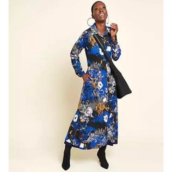 ATTITUDES by Renee Botanical Maxi Duster 2XP Lagenlook Pockets Navy Boho Career - Picture 1 of 16